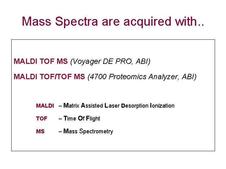 Mass Spectra are acquired with. . MALDI TOF MS (Voyager DE PRO, ABI) MALDI