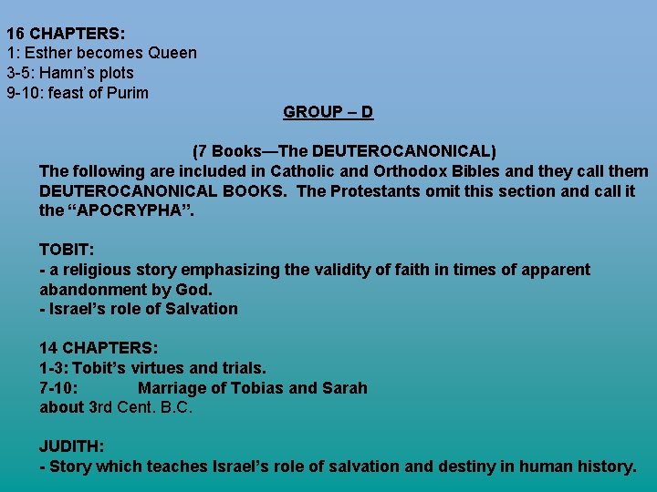 16 CHAPTERS: 1: Esther becomes Queen 3 -5: Hamn’s plots 9 -10: feast of 16 CHAPTERS: 1: Esther becomes Queen 3 -5: Hamn’s plots 9 -10: feast of