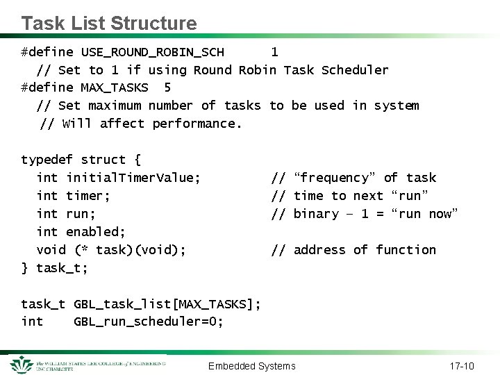 Task List Structure #define USE_ROUND_ROBIN_SCH 1 // Set to 1 if using Round Robin Task List Structure #define USE_ROUND_ROBIN_SCH 1 // Set to 1 if using Round Robin