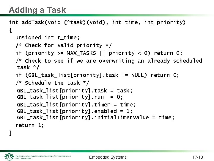 Adding a Task int add. Task(void (*task)(void), int time, int priority) { unsigned int Adding a Task int add. Task(void (*task)(void), int time, int priority) { unsigned int