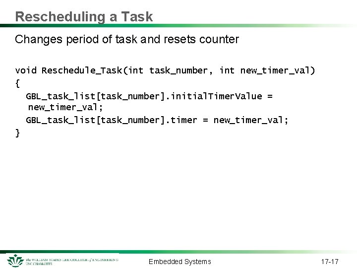 Rescheduling a Task Changes period of task and resets counter void Reschedule_Task(int task_number, int Rescheduling a Task Changes period of task and resets counter void Reschedule_Task(int task_number, int