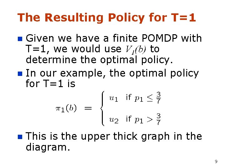 The Resulting Policy for T=1 Given we have a finite POMDP with T=1, we