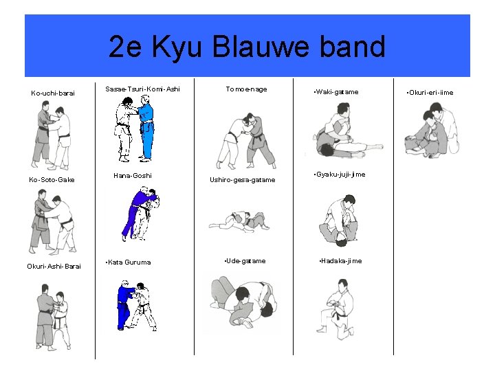 2 e Kyu Blauwe band Ko-uchi-barai Ko-Soto-Gake Okuri-Ashi-Barai Sasae-Tsuri-Komi-Ashi Hana-Goshi • Kata Guruma Tomoe-nage