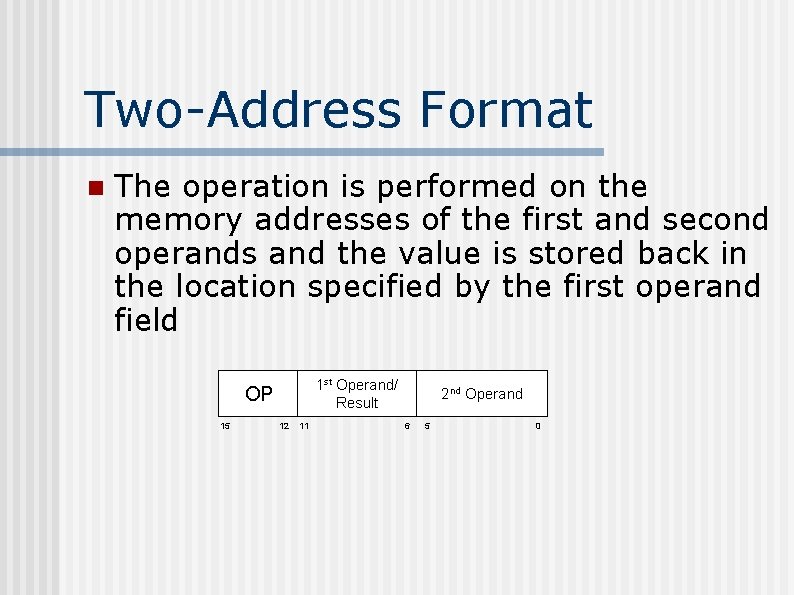 Two-Address Format n The operation is performed on the memory addresses of the first Two-Address Format n The operation is performed on the memory addresses of the first