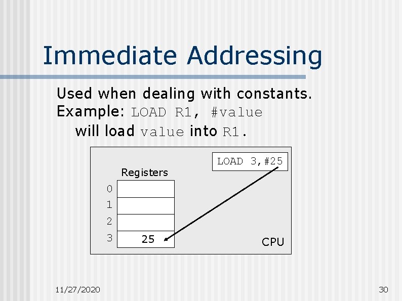 Immediate Addressing Used when dealing with constants. Example: LOAD R 1, #value will load