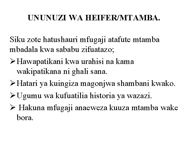 UNUNUZI WA HEIFER/MTAMBA. Siku zote hatushauri mfugaji atafute mtamba mbadala kwa sababu zifuatazo; Ø