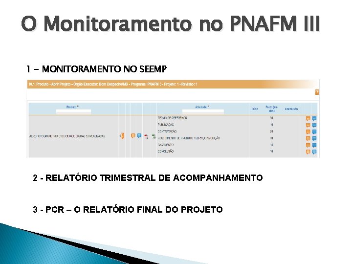 O Monitoramento no PNAFM III 1 - MONITORAMENTO NO SEEMP 2 - RELATÓRIO TRIMESTRAL