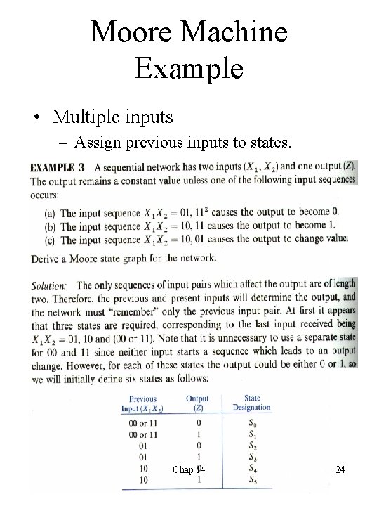 Moore Machine Example • Multiple inputs – Assign previous inputs to states. Chap 14