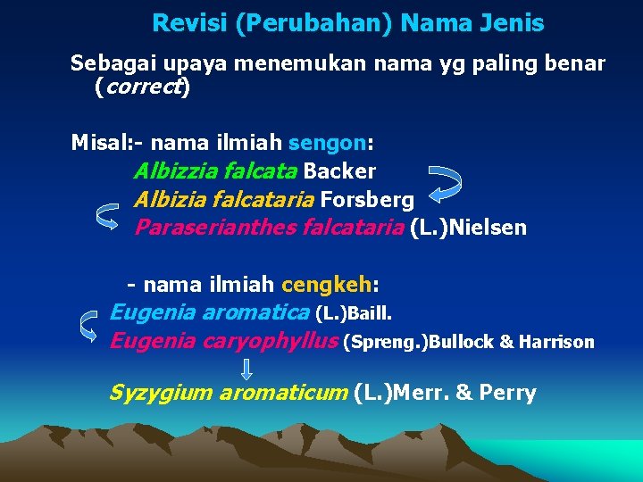 Revisi (Perubahan) Nama Jenis Sebagai upaya menemukan nama yg paling benar (correct) Misal: -