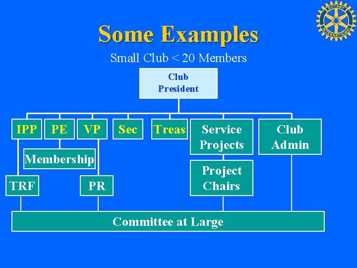 Some Examples Small Club < 20 Members Club President IPP PE VP Membership TRF
