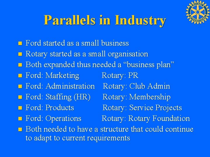 Parallels in Industry n n n n n Ford started as a small business
