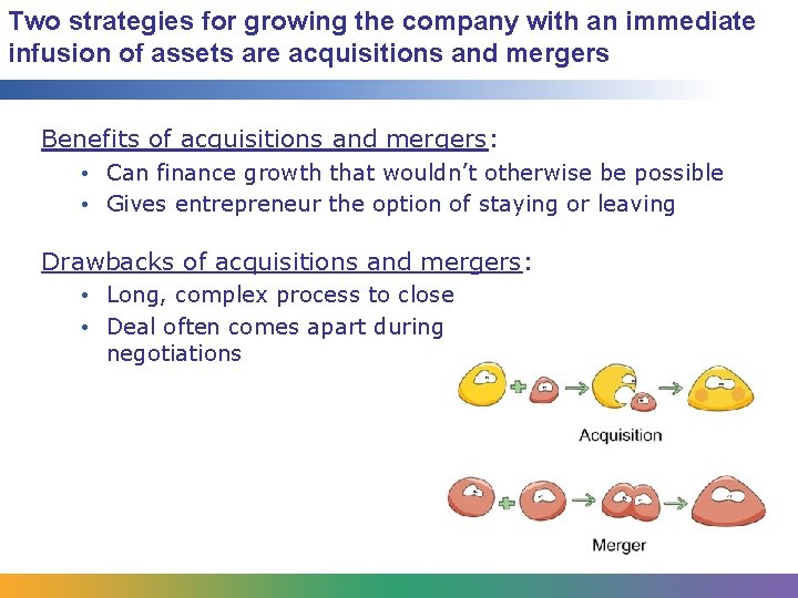 Two strategies for growing the company with an immediate infusion of assets are acquisitions