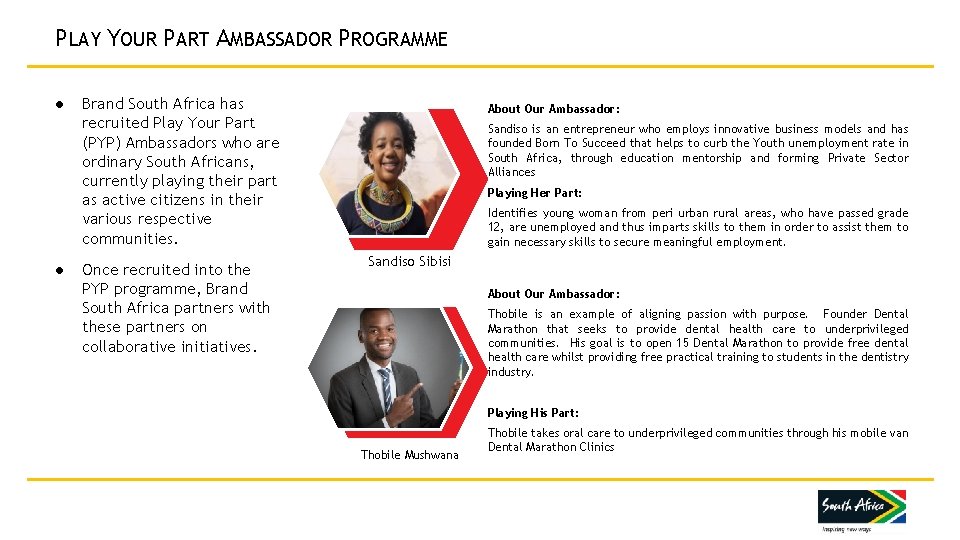 PLAY YOUR PART AMBASSADOR PROGRAMME ● ● Brand South Africa has recruited Play Your