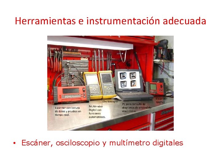 Herramientas e instrumentación adecuada • Escáner, osciloscopio y multímetro digitales 