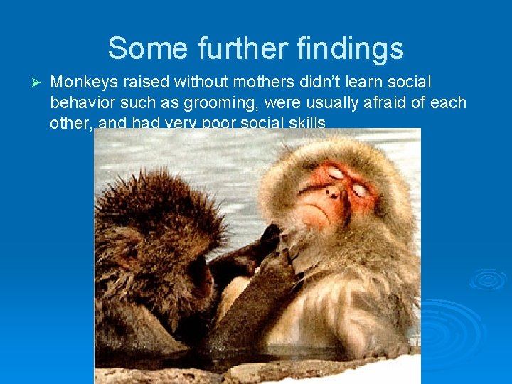 Some further findings Ø Monkeys raised without mothers didn’t learn social behavior such as