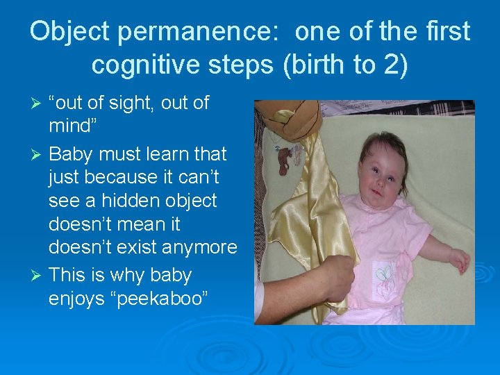 Object permanence: one of the first cognitive steps (birth to 2) “out of sight,