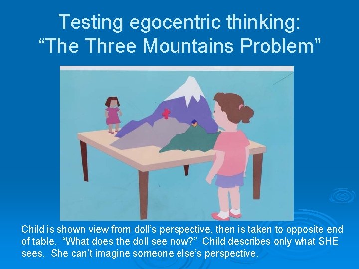 Testing egocentric thinking: “The Three Mountains Problem” Child is shown view from doll’s perspective,
