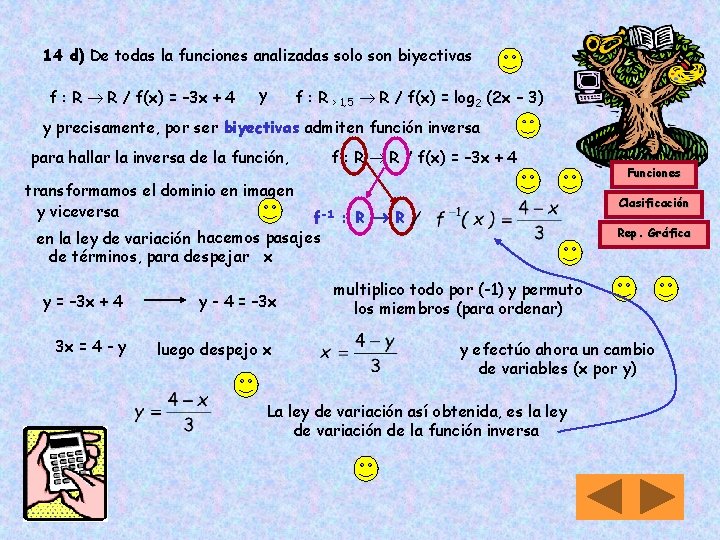 14 d) De todas la funciones analizadas solo son biyectivas f : R R