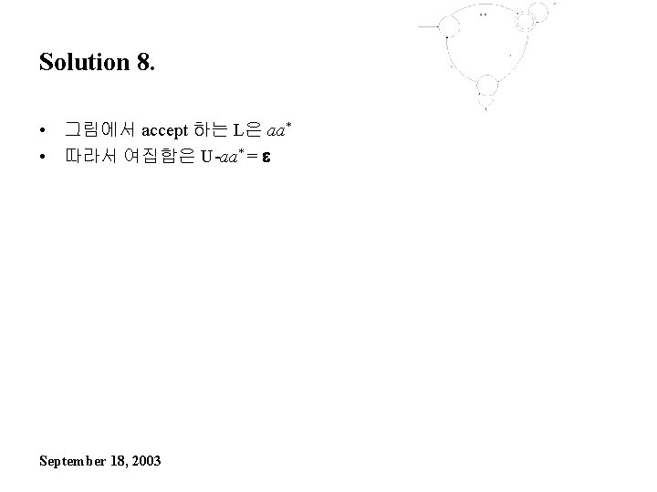 Solution 8. • 그림에서 accept 하는 L은 aa* • 따라서 여집합은 U-aa* = September