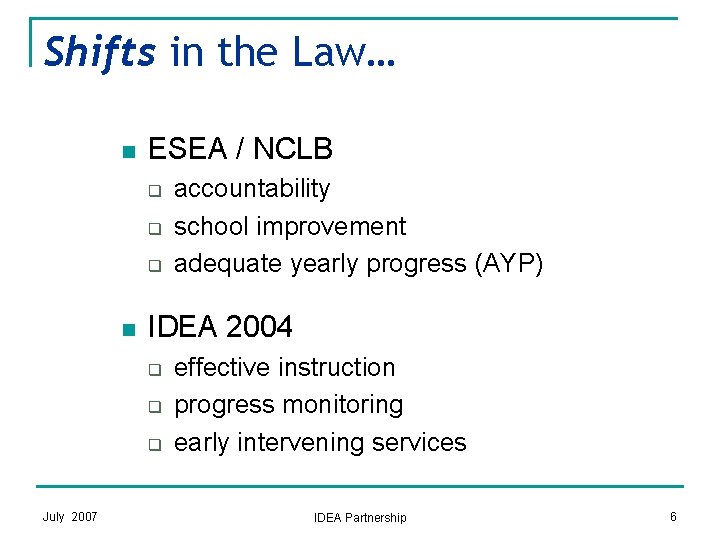 Shifts in the Law… n ESEA / NCLB q q q n IDEA 2004
