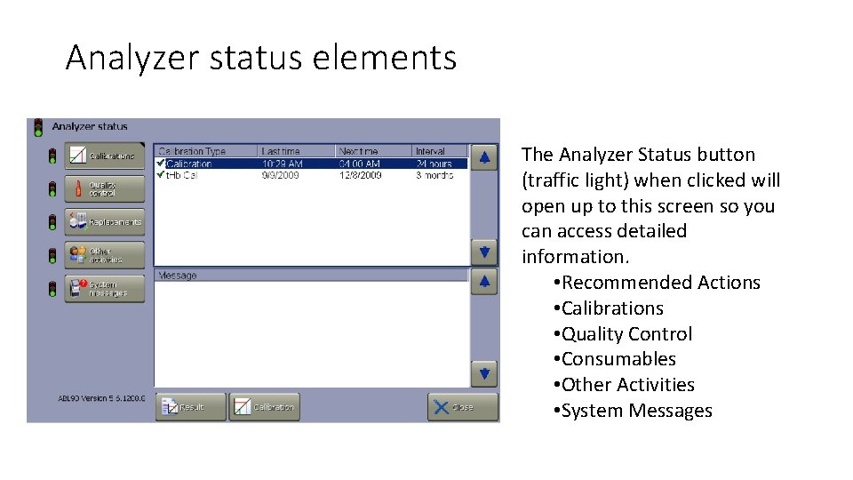 Analyzer status elements The Analyzer Status button (traffic light) when clicked will open up