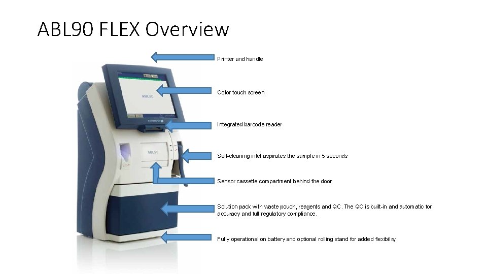 ABL 90 FLEX Overview Printer and handle Color touch screen Integrated barcode reader Self-cleaning