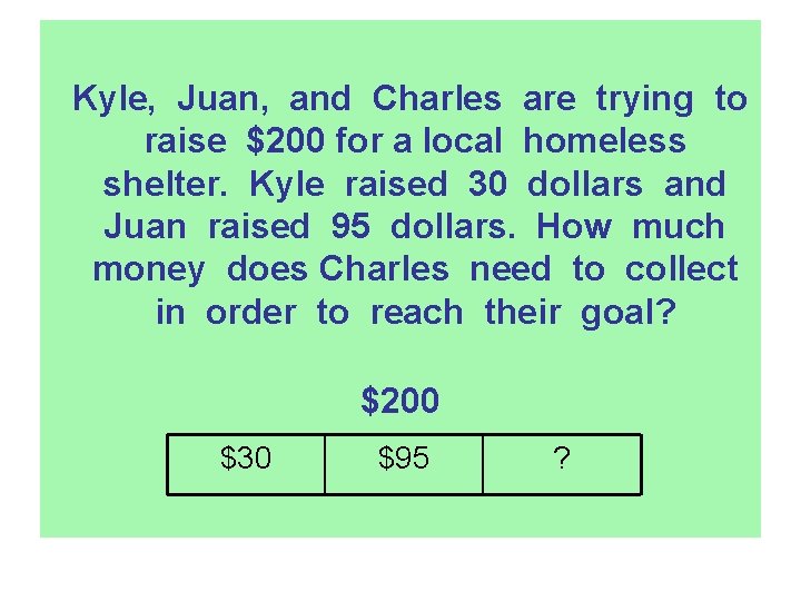 Kyle, Juan, and Charles are trying to raise $200 for a local homeless shelter.