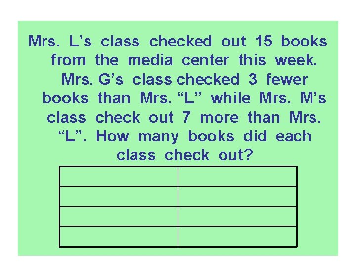 Mrs. L’s class checked out 15 books from the media center this week. Mrs.