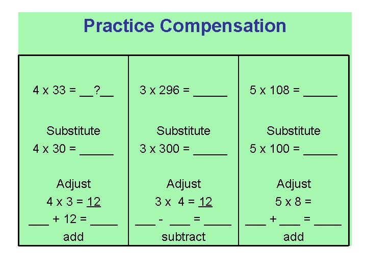 Practice Compensation 4 x 33 = __? __ 3 x 296 = _____ 5