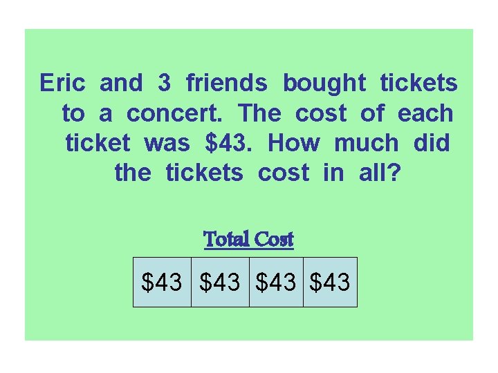 Eric and 3 friends bought tickets to a concert. The cost of each ticket