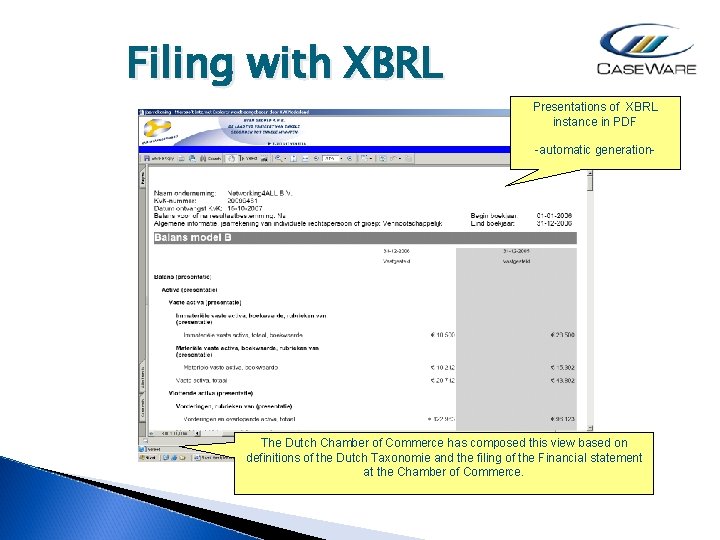 Filing with XBRL Presentations of XBRL instance in PDF -automatic generation- The Dutch Chamber