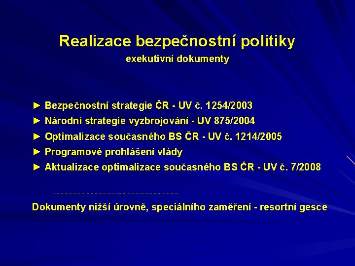 Realizace bezpečnostní politiky exekutivní dokumenty ► Bezpečnostní strategie ČR - UV č. 1254/2003 ►