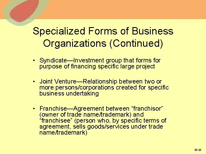 Specialized Forms of Business Organizations (Continued) • Syndicate—Investment group that forms for purpose of