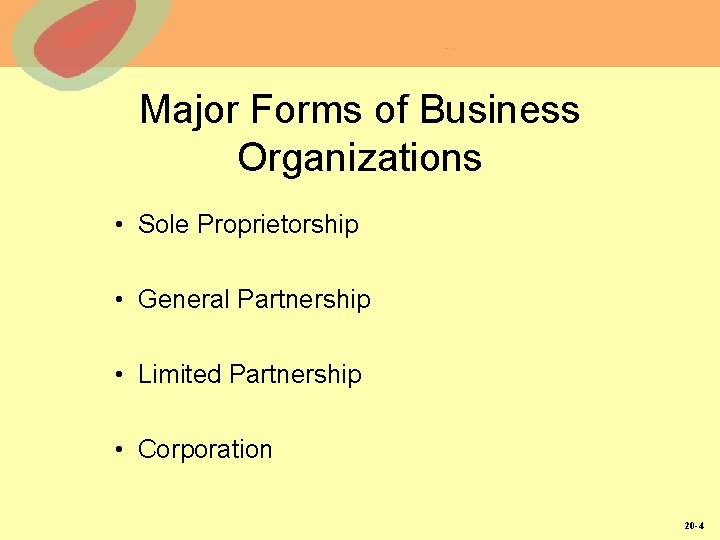 Major Forms of Business Organizations • Sole Proprietorship • General Partnership • Limited Partnership