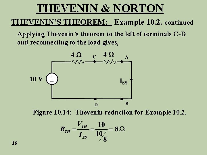 THEVENIN & NORTON THEVENIN’S THEOREM: Example 10. 2. continued Applying Thevenin’s theorem to the