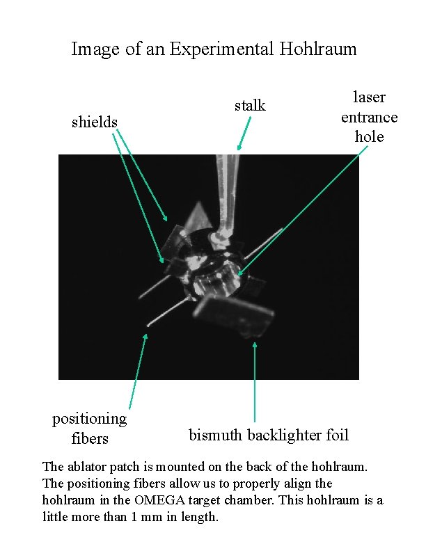 Image of an Experimental Hohlraum shields positioning fibers stalk laser entrance hole bismuth backlighter