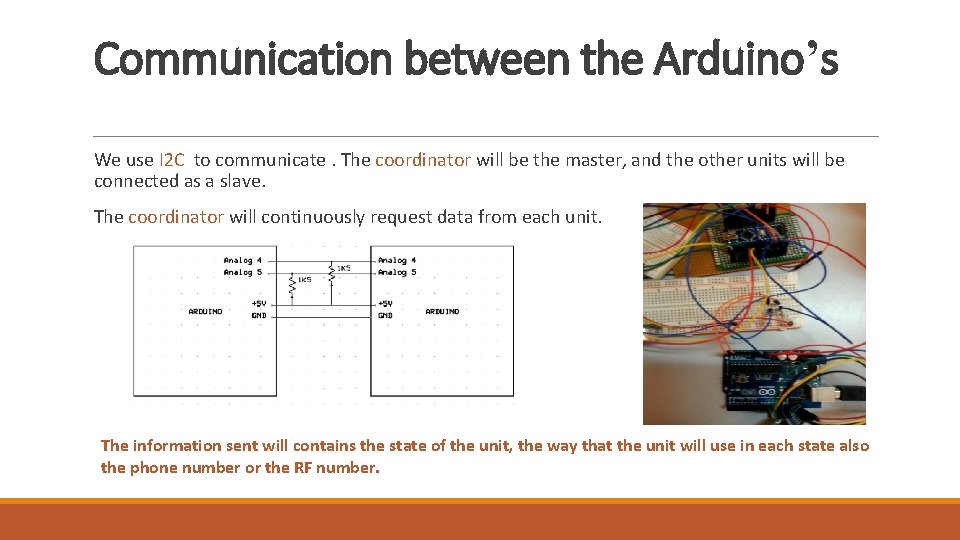 Communication between the Arduino’s We use I 2 C to communicate. The coordinator will