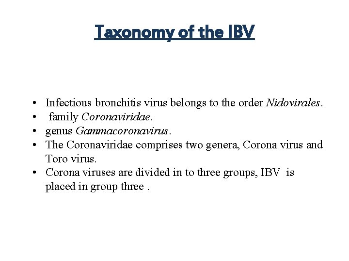Taxonomy of the IBV • • Infectious bronchitis virus belongs to the order Nidovirales.