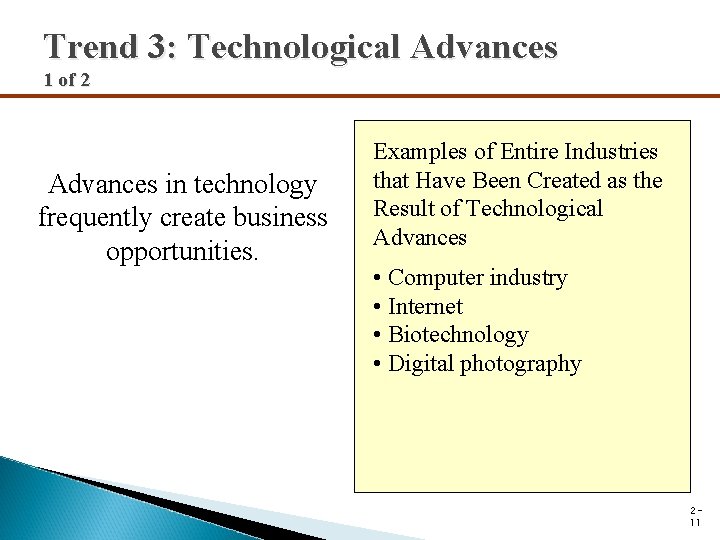 Trend 3: Technological Advances 1 of 2 Advances in technology frequently create business opportunities.