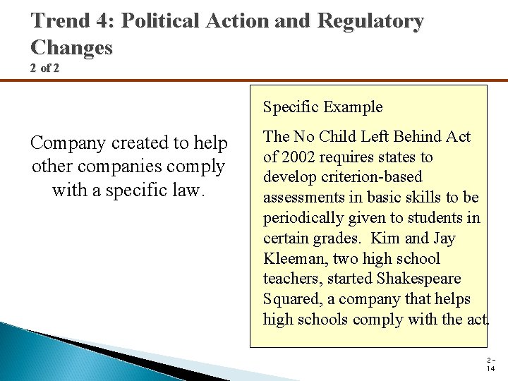 Trend 4: Political Action and Regulatory Changes 2 of 2 Specific Example Company created