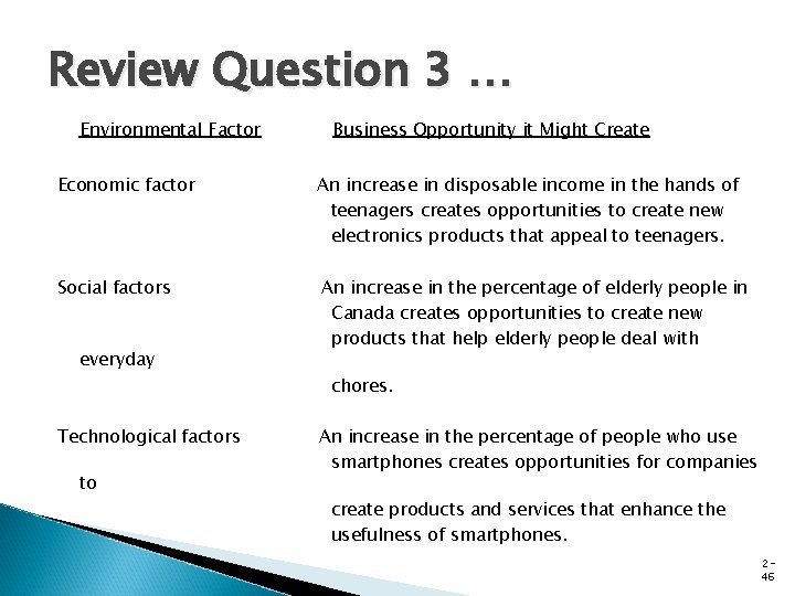 Review Question 3 … Environmental Factor Economic factor Social factors everyday Technological factors to