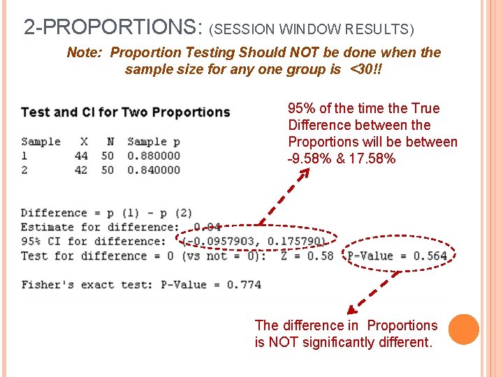 2 -PROPORTIONS: (SESSION WINDOW RESULTS) Note: Proportion Testing Should NOT be done when the
