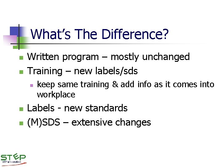 What’s The Difference? n n Written program – mostly unchanged Training – new labels/sds