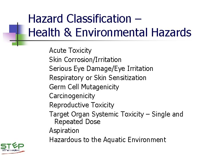 Hazard Classification – Health & Environmental Hazards Acute Toxicity Skin Corrosion/Irritation Serious Eye Damage/Eye