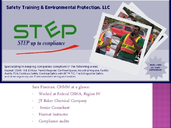 Sara Fineman, CHMM at a glance: - Worked at Federal OSHA, Region IV - Sara Fineman, CHMM at a glance: - Worked at Federal OSHA, Region IV -