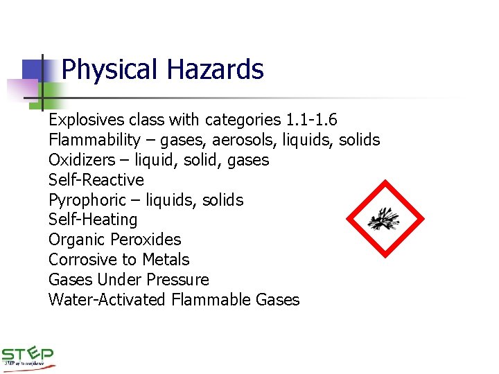 Physical Hazards Explosives class with categories 1. 1 -1. 6 Flammability – gases, aerosols,