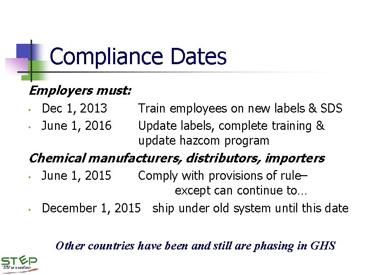 Compliance Dates Employers must: • • Dec 1, 2013 June 1, 2016 Train employees