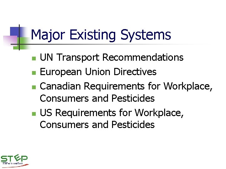 Major Existing Systems n n UN Transport Recommendations European Union Directives Canadian Requirements for Major Existing Systems n n UN Transport Recommendations European Union Directives Canadian Requirements for