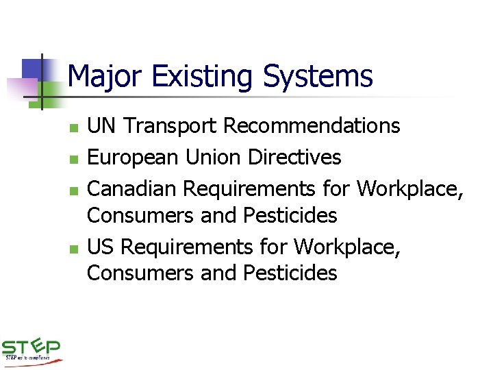 Major Existing Systems n n UN Transport Recommendations European Union Directives Canadian Requirements for