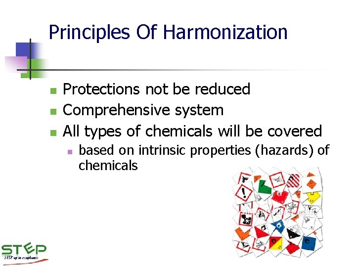 Principles Of Harmonization n Protections not be reduced Comprehensive system All types of chemicals